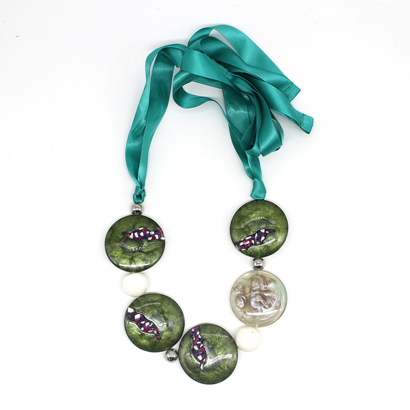 Fashion jewelry silk ribbon malachite acrylic necklace